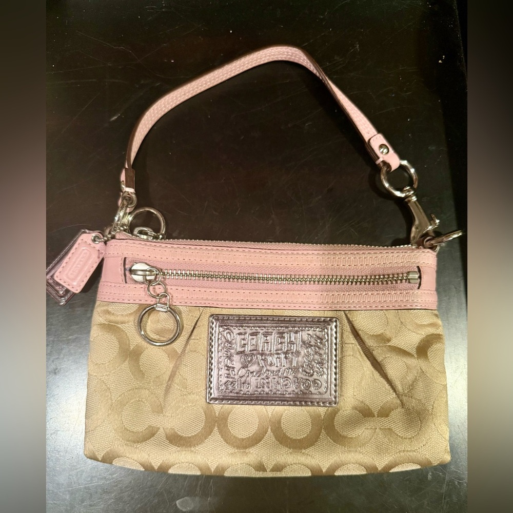 Coach Poppy Signature Tan and Pink Wristlet Purse